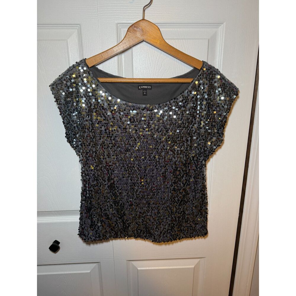 Express Gray Silver Sequin Cap Sleeve Party Top Women's XS